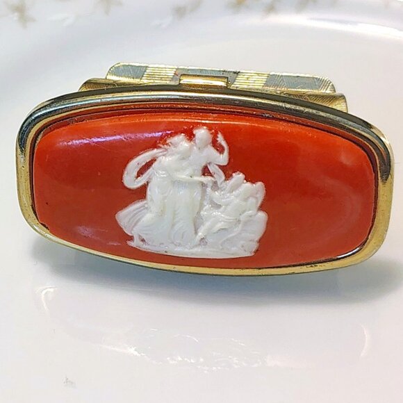 Vintage Japan Mirrored Lipstick Tube Holder Ring Cameo Carved Coral Lucite - Picture 1 of 8
